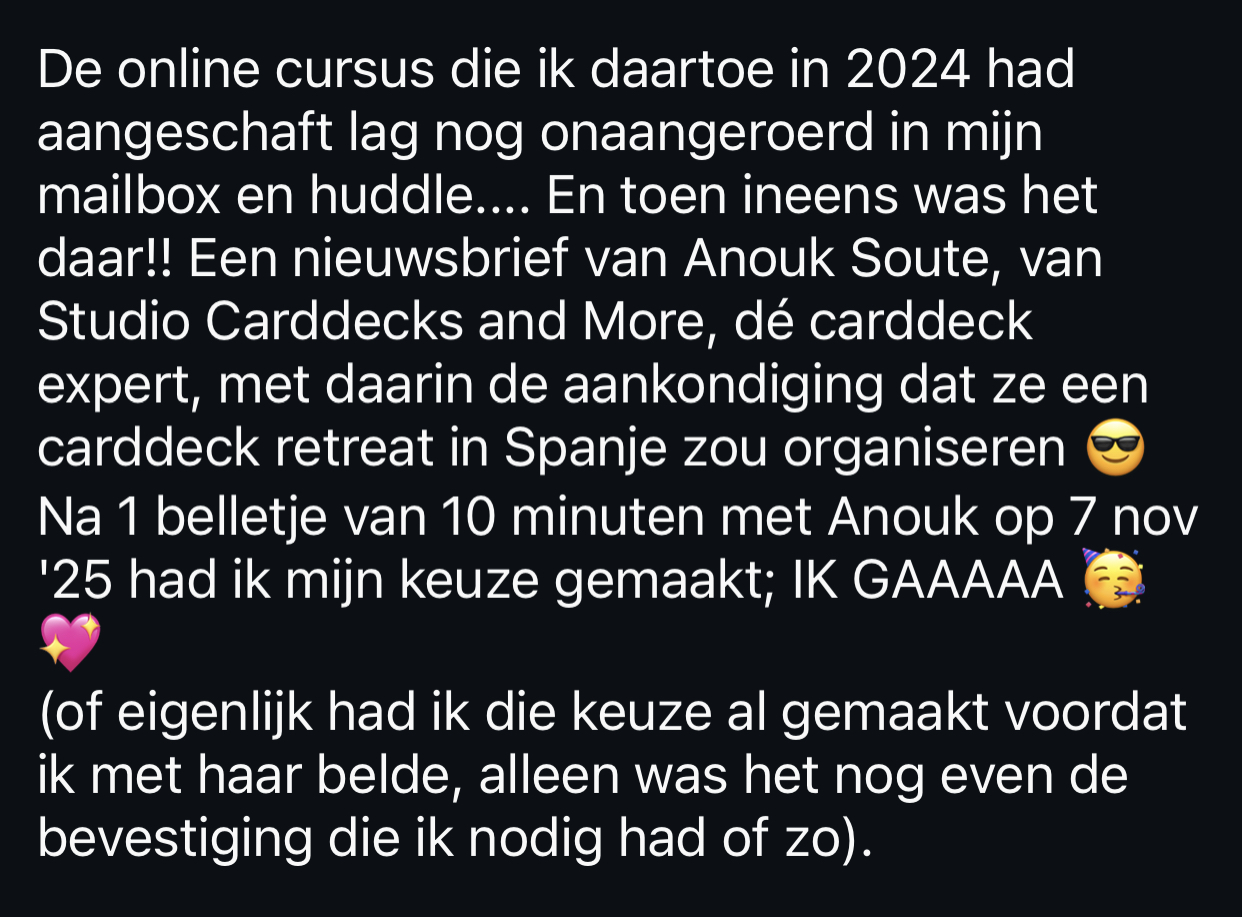 Review van een deelnemer die na een kort gesprek besloot om de Carddeck Retreat in Spanje te boeken
